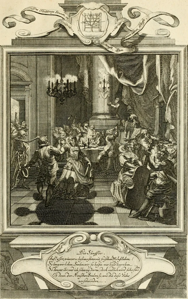 An illustration from Der sogenannte Sinn-lehr-und Geist-volle ... Todentanz : anietzo mit einigen einfältig, doch gut gemeynten Reimen und Versen versehen, 1767, leaf 188