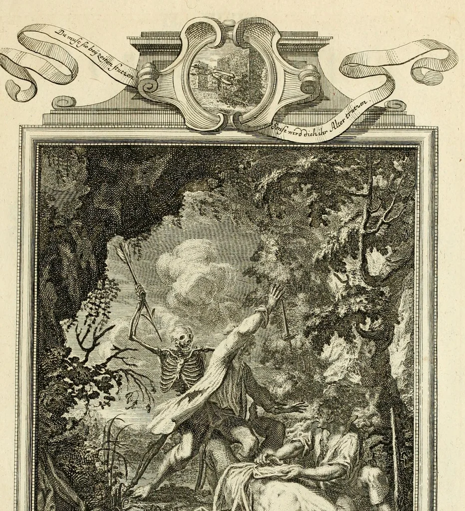 An illustration from Der sogenannte Sinn-lehr-und Geist-volle ... Todentanz : anietzo mit einigen einfältig, doch gut gemeynten Reimen und Versen versehen, 1767, leaf 193