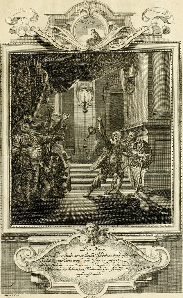 An illustration from Der sogenannte Sinn-lehr-und Geist-volle ... Todentanz : anietzo mit einigen einfältig, doch gut gemeynten Reimen und Versen versehen, 1767, leaf 196