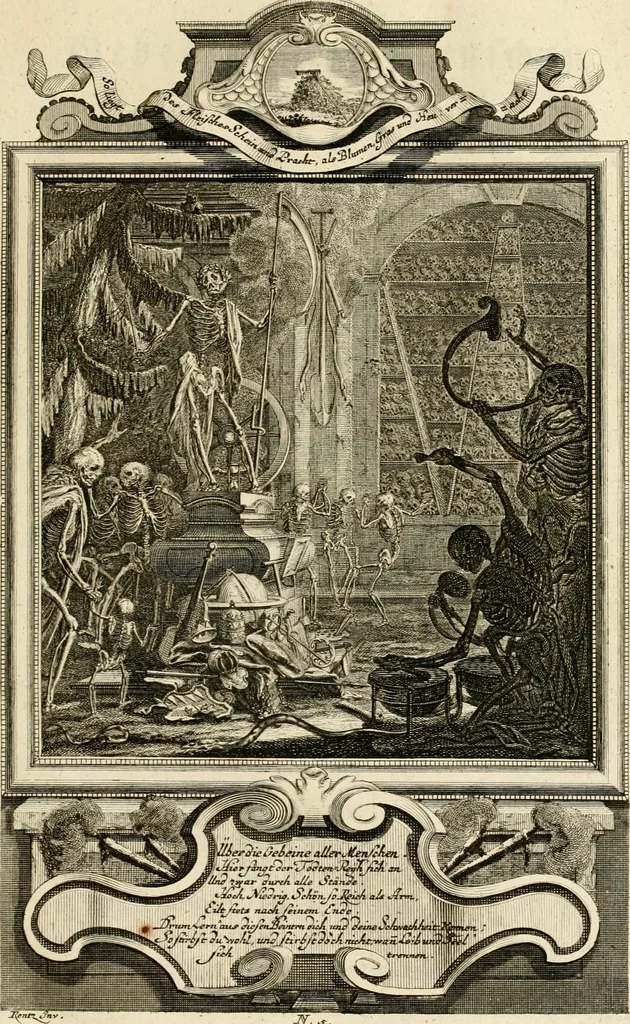 An illustration from Der sogenannte Sinn-lehr-und Geist-volle ... Todentanz : anietzo mit einigen einfältig, doch gut gemeynten Reimen und Versen versehen, 1767, leaf 36