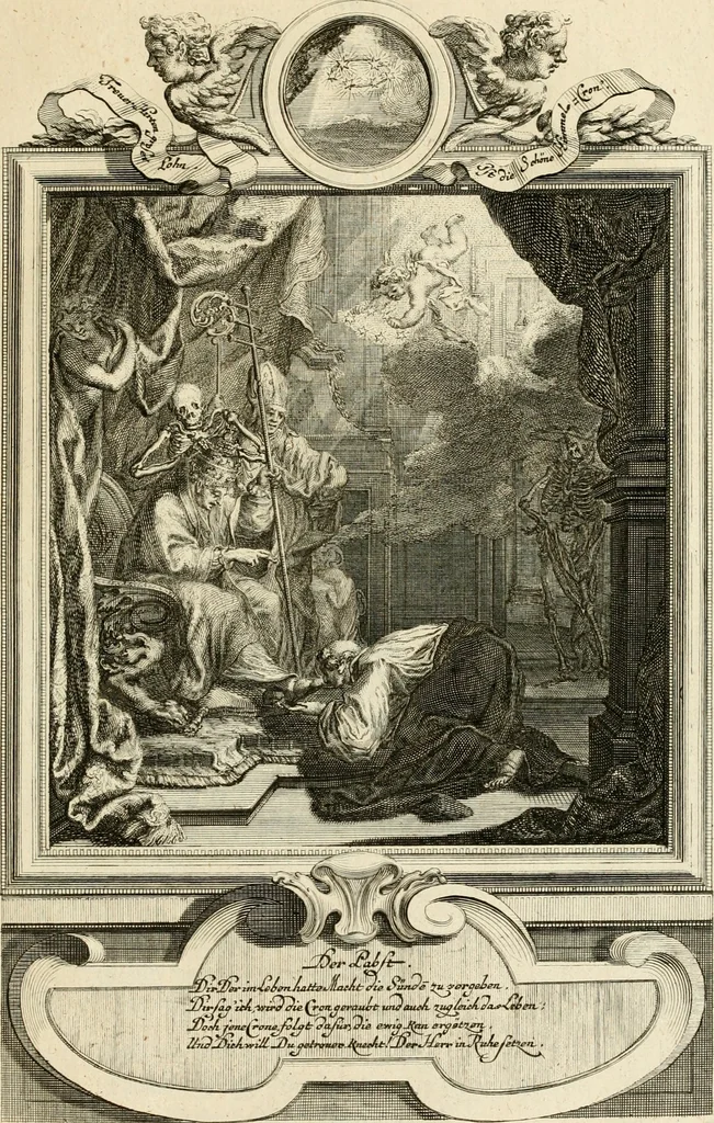 An illustration from Der sogenannte Sinn-lehr-und Geist-volle ... Todentanz : anietzo mit einigen einfältig, doch gut gemeynten Reimen und Versen versehen, 1767, leaf 40