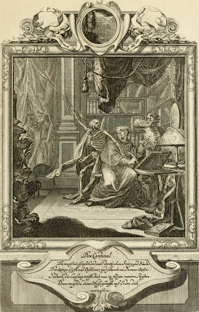An illustration from Der sogenannte Sinn-lehr-und Geist-volle ... Todentanz : anietzo mit einigen einfältig, doch gut gemeynten Reimen und Versen versehen, 1767, leaf 44