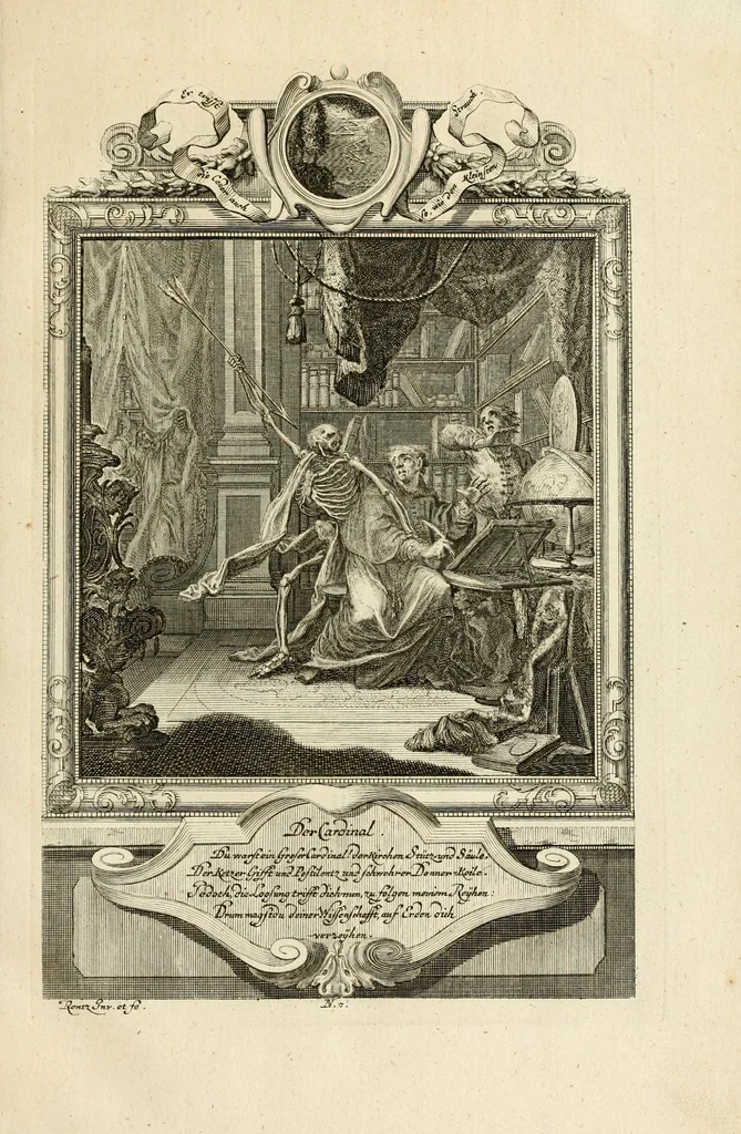An illustration from Der sogenannte Sinn-lehr-und Geist-volle ... Todentanz : anietzo mit einigen einfältig, doch gut gemeynten Reimen und Versen versehen, 1767, leaf 45