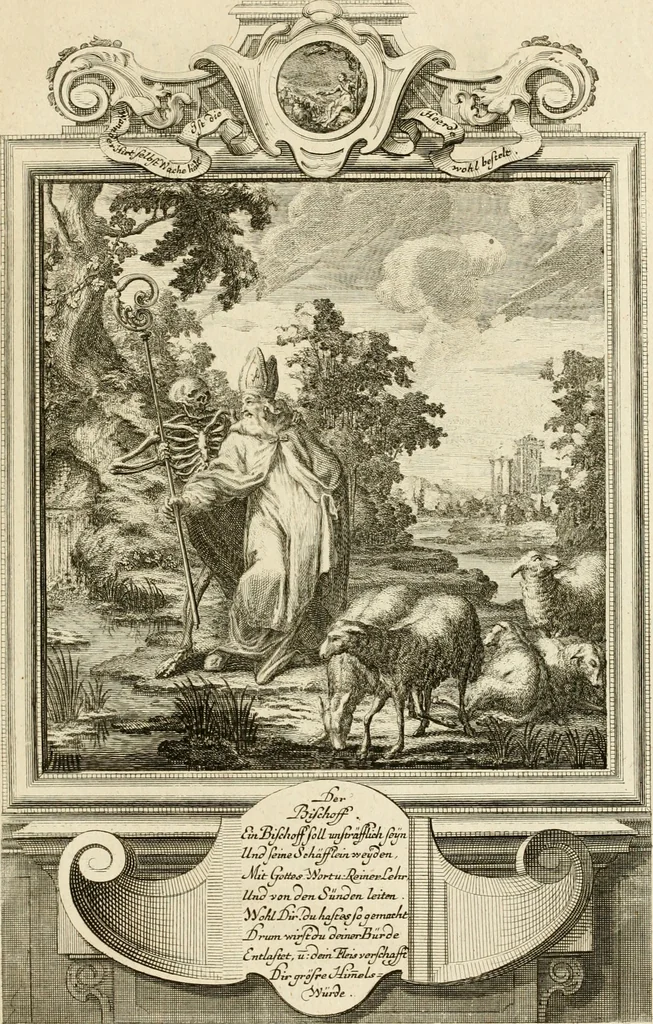 An illustration from Der sogenannte Sinn-lehr-und Geist-volle ... Todentanz : anietzo mit einigen einfältig, doch gut gemeynten Reimen und Versen versehen, 1767, leaf 48
