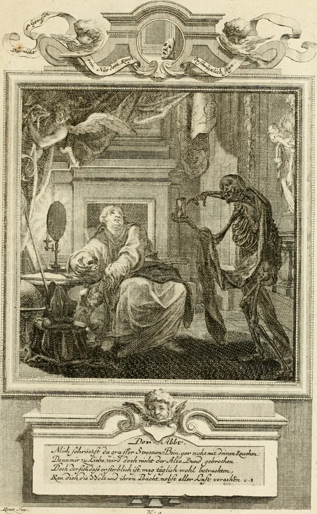 An illustration from Der sogenannte Sinn-lehr-und Geist-volle ... Todentanz : anietzo mit einigen einfältig, doch gut gemeynten Reimen und Versen versehen, 1767, leaf 52