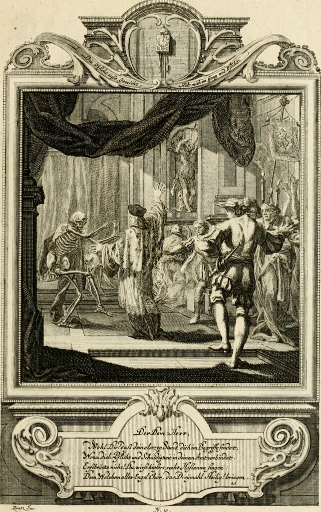 An illustration from Der sogenannte Sinn-lehr-und Geist-volle ... Todentanz : anietzo mit einigen einfältig, doch gut gemeynten Reimen und Versen versehen, 1767, leaf 56