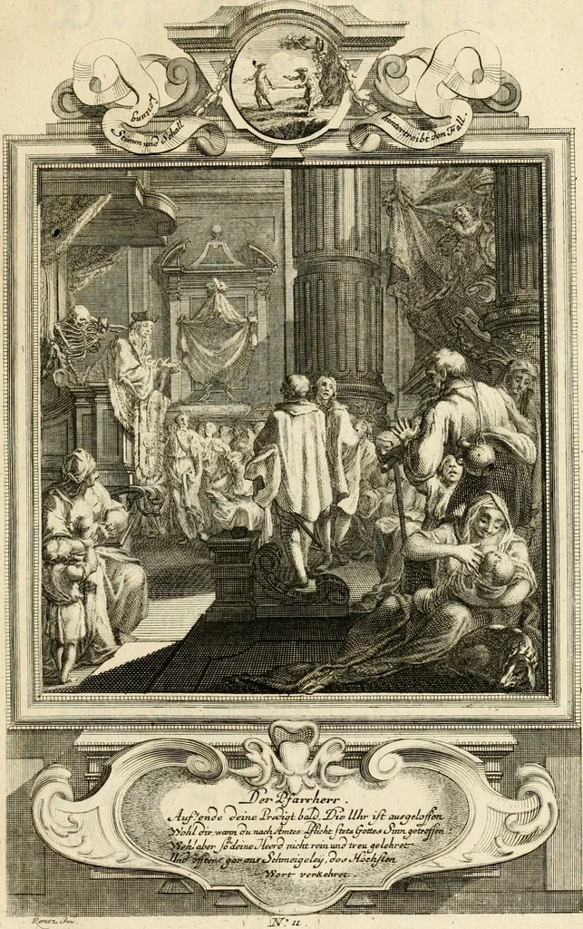 An illustration from Der sogenannte Sinn-lehr-und Geist-volle ... Todentanz : anietzo mit einigen einfältig, doch gut gemeynten Reimen und Versen versehen, 1767, leaf 60