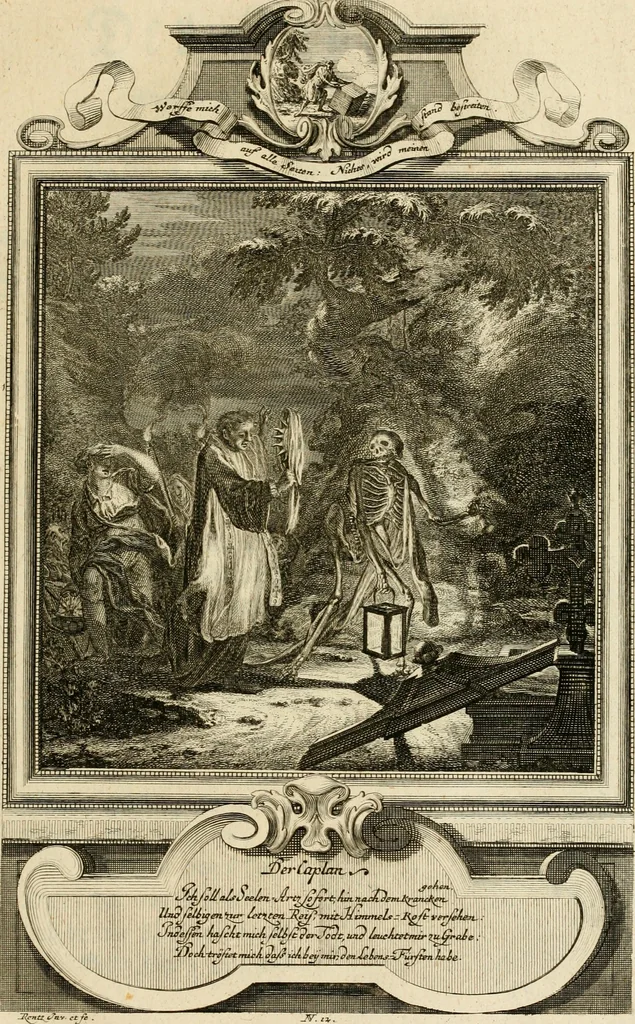 An illustration from Der sogenannte Sinn-lehr-und Geist-volle ... Todentanz : anietzo mit einigen einfältig, doch gut gemeynten Reimen und Versen versehen, 1767, leaf 64