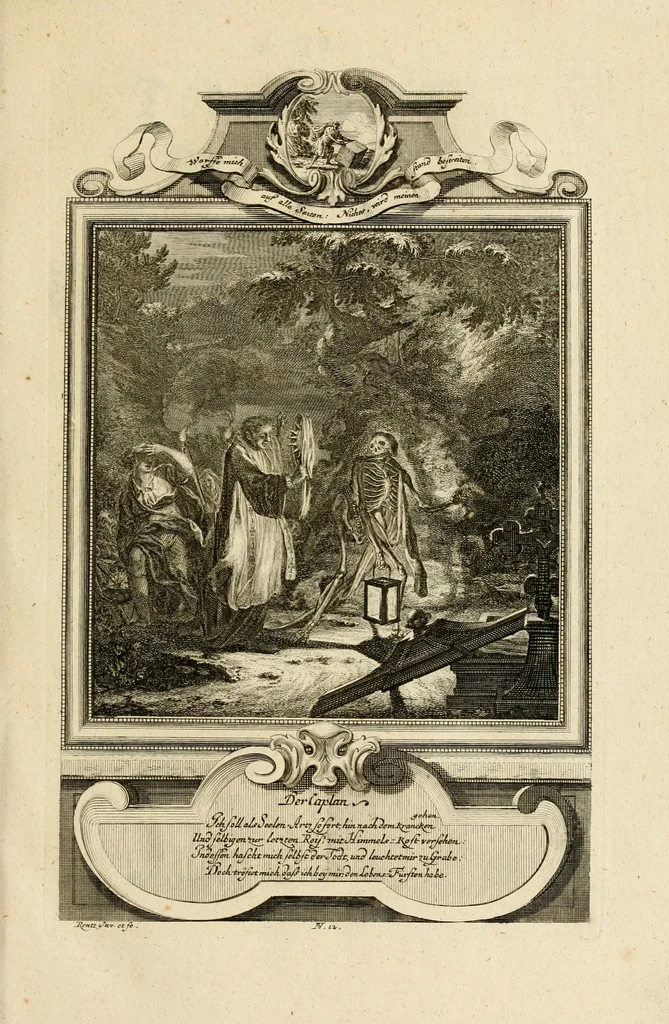 An illustration from Der sogenannte Sinn-lehr-und Geist-volle ... Todentanz : anietzo mit einigen einfältig, doch gut gemeynten Reimen und Versen versehen, 1767, leaf 65