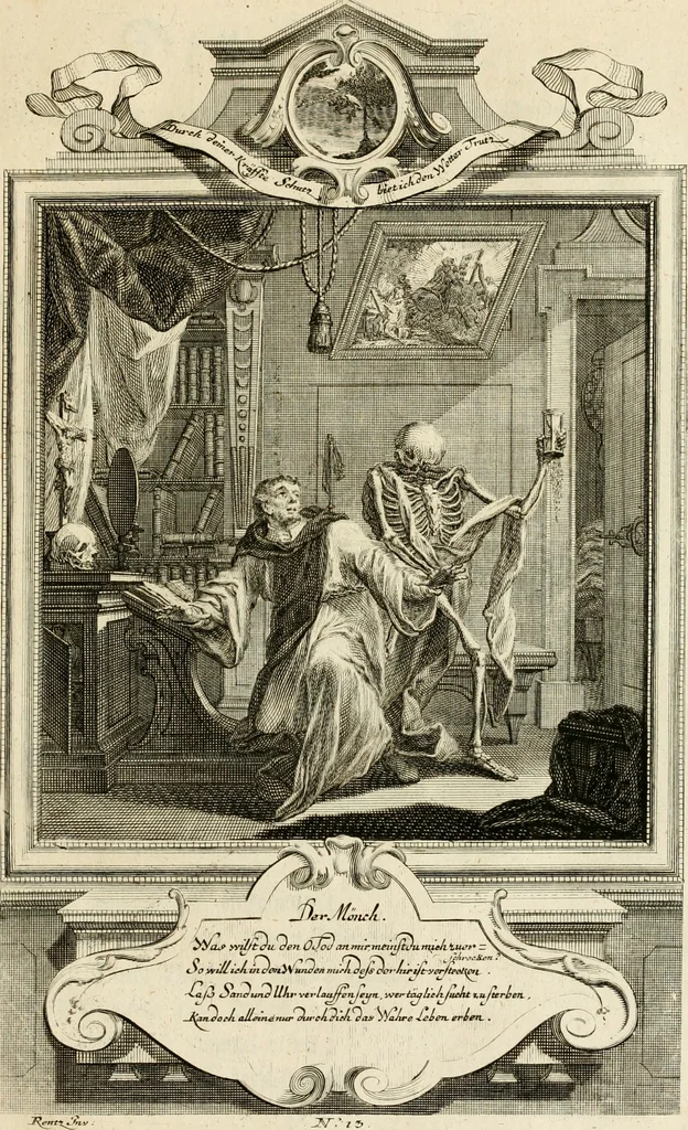 An illustration from Der sogenannte Sinn-lehr-und Geist-volle ... Todentanz : anietzo mit einigen einfältig, doch gut gemeynten Reimen und Versen versehen, 1767, leaf 68