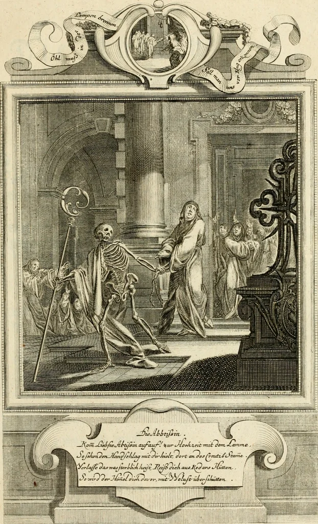 An illustration from Der sogenannte Sinn-lehr-und Geist-volle ... Todentanz : anietzo mit einigen einfältig, doch gut gemeynten Reimen und Versen versehen, 1767, leaf 72