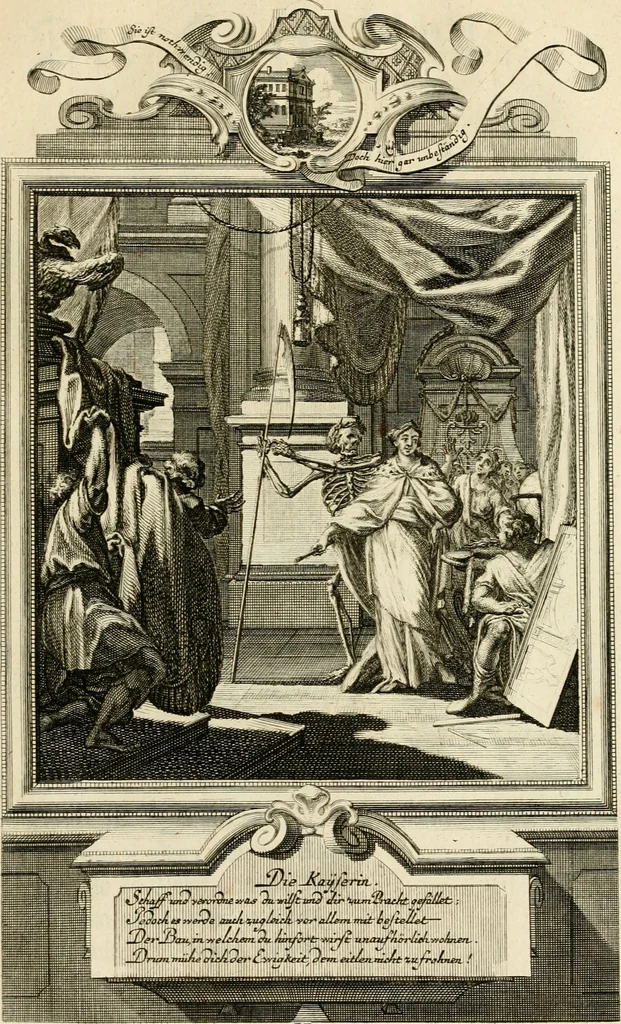 An illustration from Der sogenannte Sinn-lehr-und Geist-volle ... Todentanz : anietzo mit einigen einfältig, doch gut gemeynten Reimen und Versen versehen, 1767, leaf 84