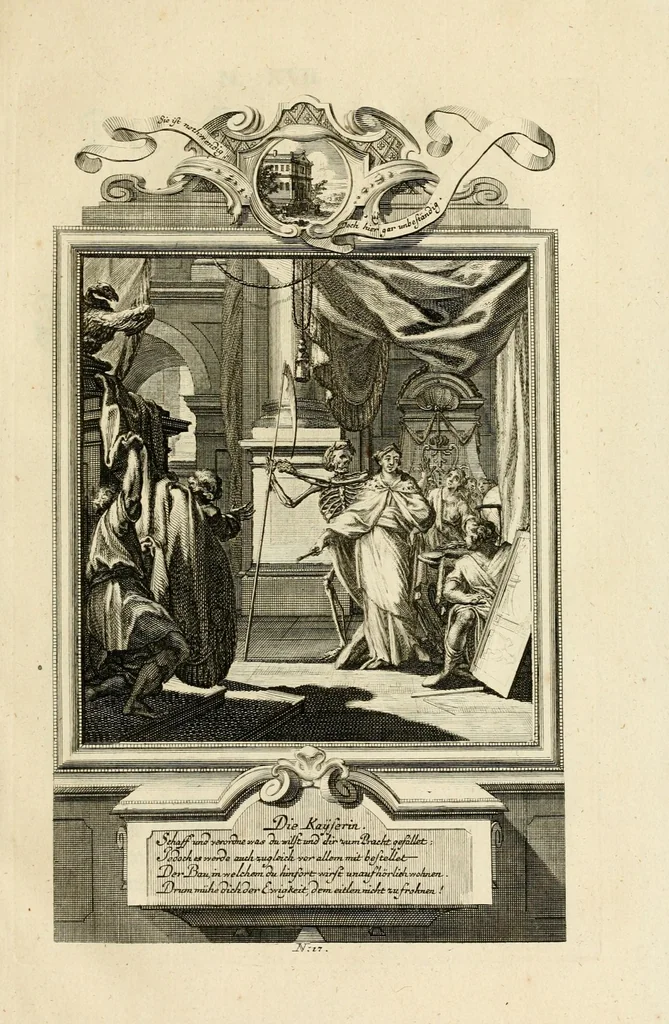 An illustration from Der sogenannte Sinn-lehr-und Geist-volle ... Todentanz : anietzo mit einigen einfältig, doch gut gemeynten Reimen und Versen versehen, 1767, leaf 85