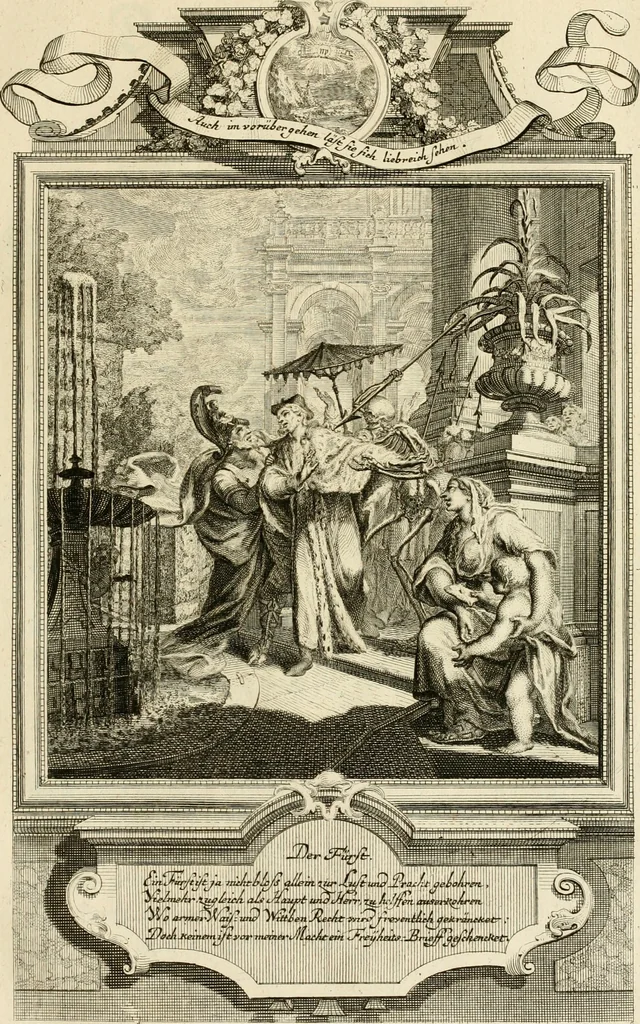 An illustration from Der sogenannte Sinn-lehr-und Geist-volle ... Todentanz : anietzo mit einigen einfältig, doch gut gemeynten Reimen und Versen versehen, 1767, leaf 96