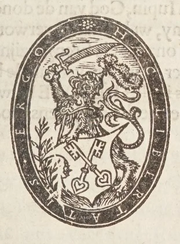 An illustration from Der stadt Leyden dienst-bouc : innehoudende verclaringe van tvvezen ende ghelegentheyt vande zelve stadt, gelijck die van outs gheweest, ende verdeelt is : vande vermeerderinghen ende vergrootinghen van dien : mitsgaders vande gestiften tot geestelicken ofte godsvruchtighen zaecken, aldear, met namentlicke verclaringe van de gene die van outs her, in regeeinge zijn geweest, 1602, leaf 9