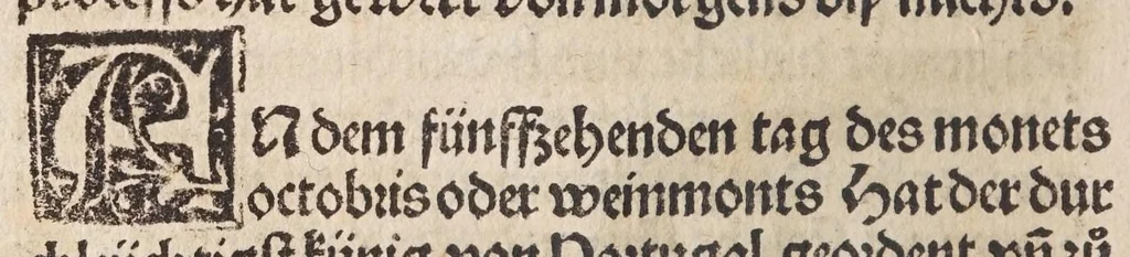 An illustration from Des allerdurchleichtigsten vnnd vnüberwindlichsten Fürsten vund Herzen , hern Friderichen des dritten Roemischen Kaysers, vnd frawen Leonora, Künigin auf Portugal, vermächelunng vñ Kroenung zc. : darnach des allerdurchleüchtigisten vnd grossmechtigisten Fürsten vñ Herzen, herzn Maximilian Roemischen Künigs zc. vnd seiner maiestat Schwester, Kunigund genant, hochloblich gerburd zc., 1503, leaf 30