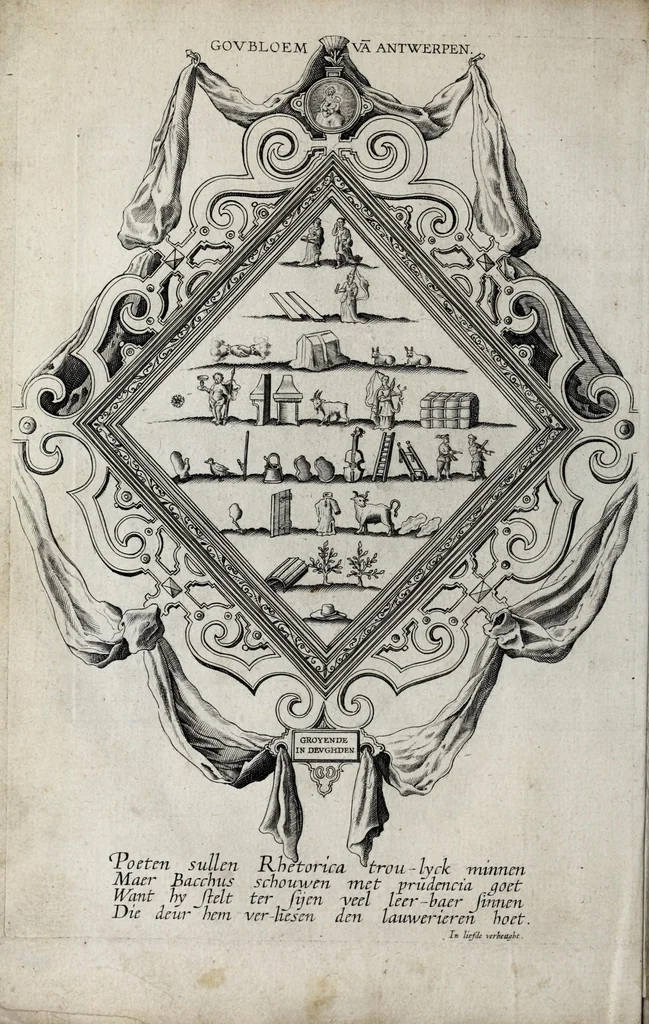 An illustration from De Schadt-kiste der philosophen ende poeten waer inne te vinden syn veel schoone leerlycke blasoenen, refereynen ende liedekens, gebracht ende gesonden op de Peoen-camere binnen Mechelen van d'omliggende steden in Brabant, Vlaenderen, Hollandt ende Zeelandt : geprononciert ende gesonghen op henlieder feeste den 3. Mey vanden iaere 1620, achteruolghens den eysch der caerten te voren by henlieder wt gesonden, 1621, leaf 72