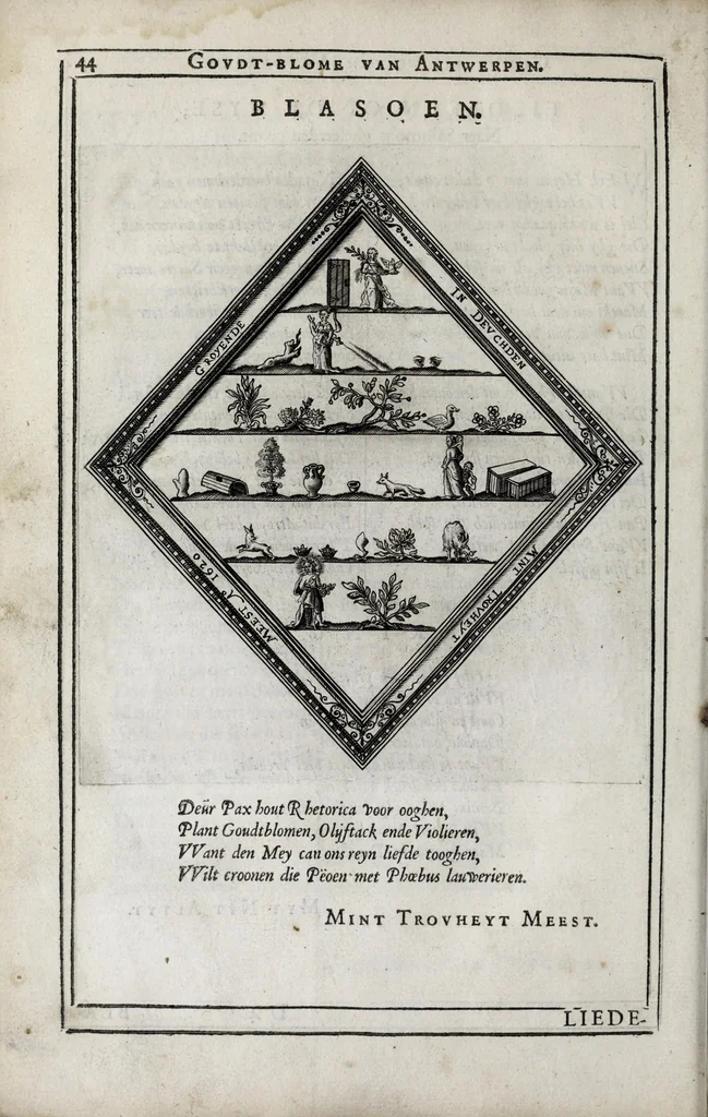An illustration from De Schadt-kiste der philosophen ende poeten waer inne te vinden syn veel schoone leerlycke blasoenen, refereynen ende liedekens, gebracht ende gesonden op de Peoen-camere binnen Mechelen van d'omliggende steden in Brabant, Vlaenderen, Hollandt ende Zeelandt : geprononciert ende gesonghen op henlieder feeste den 3. Mey vanden iaere 1620, achteruolghens den eysch der caerten te voren by henlieder wt gesonden, 1621, leaf 84