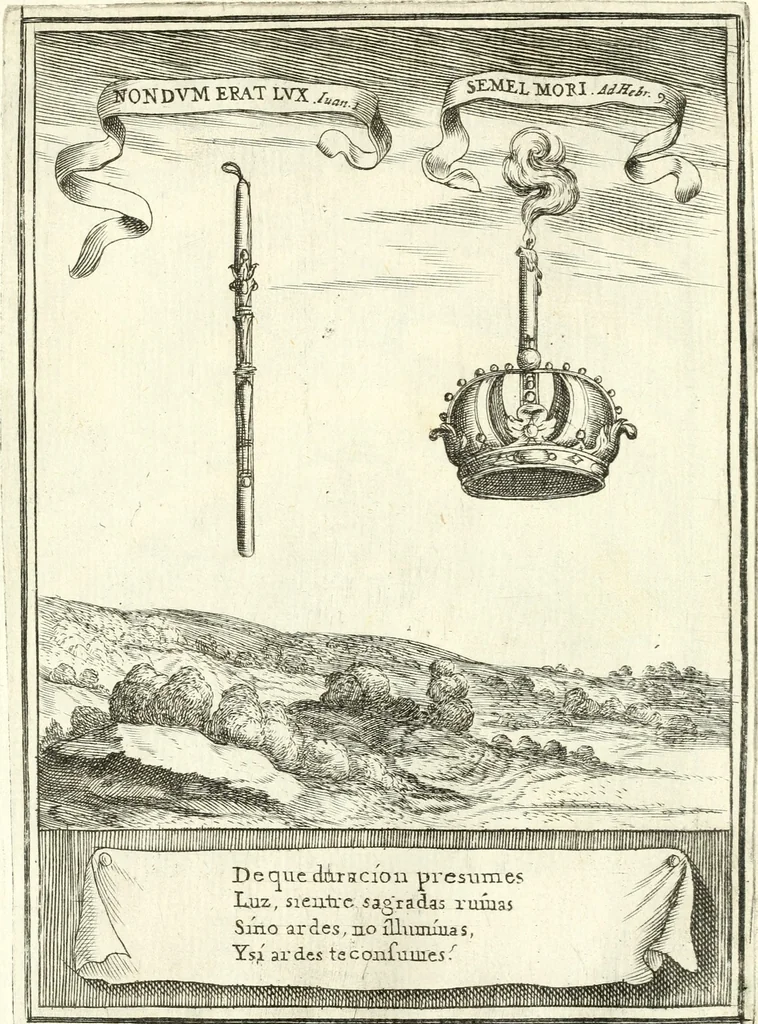 An illustration from Descripcion de las honras : que se hicieron ala Catholica Magd. de D. Phelippe quarto rey de las Españas y del nueuo mundo en el Real Conuento de la Encarnacion : que de horden de la reyna n[uest]ra señora como superintendente de las reales obras dispuso D. Baltasar Barroso de Ribera marques de Malpica ..., 1666, leaf 148
