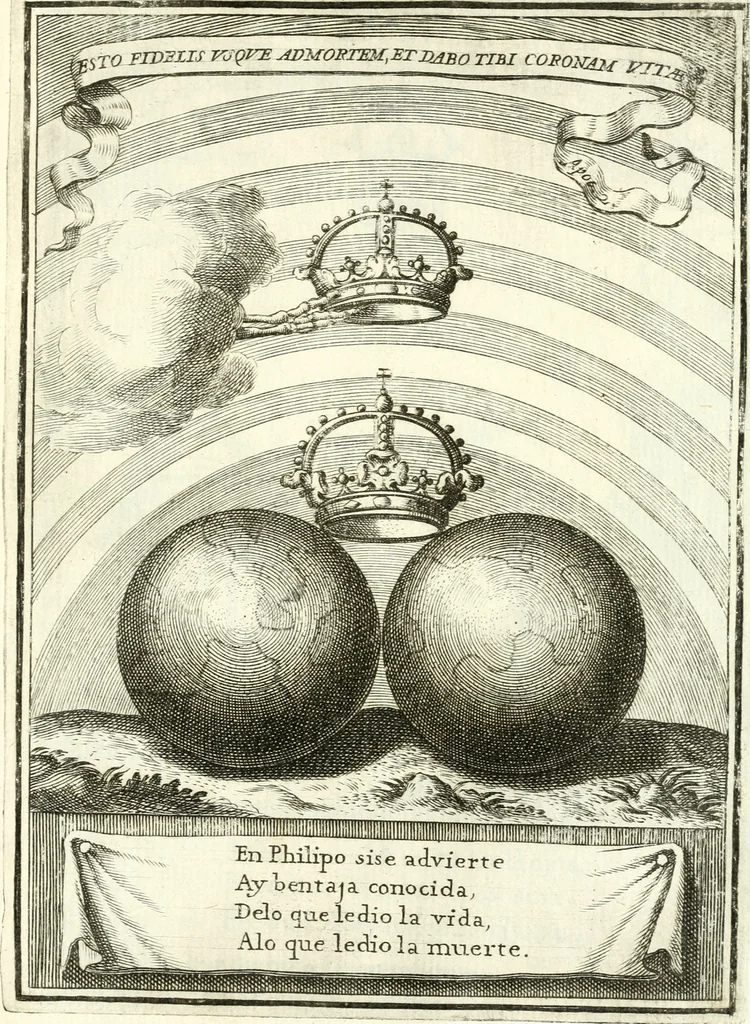 An illustration from Descripcion de las honras : que se hicieron ala Catholica Magd. de D. Phelippe quarto rey de las Españas y del nueuo mundo en el Real Conuento de la Encarnacion : que de horden de la reyna n[uest]ra señora como superintendente de las reales obras dispuso D. Baltasar Barroso de Ribera marques de Malpica ..., 1666, leaf 150