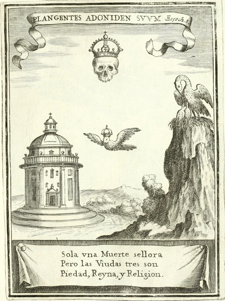 An illustration from Descripcion de las honras : que se hicieron ala Catholica Magd. de D. Phelippe quarto rey de las Españas y del nueuo mundo en el Real Conuento de la Encarnacion : que de horden de la reyna n[uest]ra señora como superintendente de las reales obras dispuso D. Baltasar Barroso de Ribera marques de Malpica ..., 1666, leaf 152