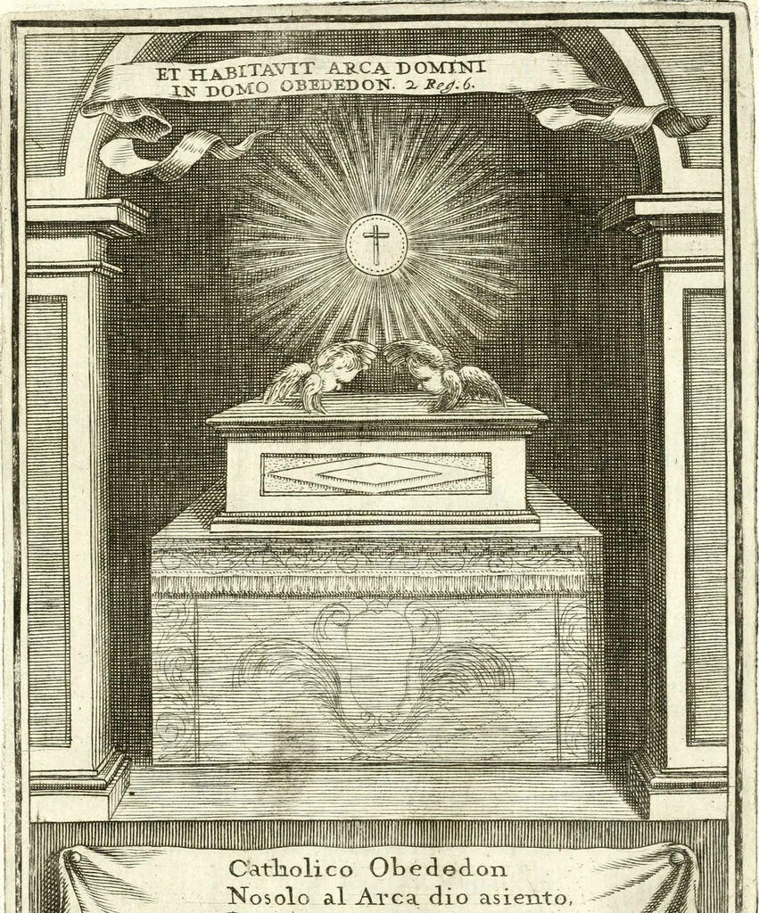 An illustration from Descripcion de las honras : que se hicieron ala Catholica Magd. de D. Phelippe quarto rey de las Españas y del nueuo mundo en el Real Conuento de la Encarnacion : que de horden de la reyna n[uest]ra señora como superintendente de las reales obras dispuso D. Baltasar Barroso de Ribera marques de Malpica ..., 1666, leaf 156