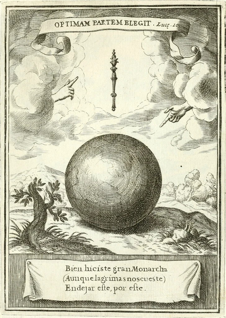 An illustration from Descripcion de las honras : que se hicieron ala Catholica Magd. de D. Phelippe quarto rey de las Españas y del nueuo mundo en el Real Conuento de la Encarnacion : que de horden de la reyna n[uest]ra señora como superintendente de las reales obras dispuso D. Baltasar Barroso de Ribera marques de Malpica ..., 1666, leaf 158