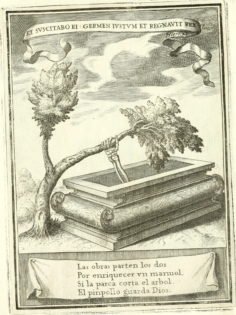 An illustration from Descripcion de las honras : que se hicieron ala Catholica Magd. de D. Phelippe quarto rey de las Españas y del nueuo mundo en el Real Conuento de la Encarnacion : que de horden de la reyna n[uest]ra señora como superintendente de las reales obras dispuso D. Baltasar Barroso de Ribera marques de Malpica ..., 1666, leaf 160