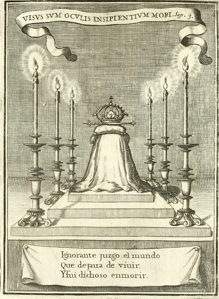 An illustration from Descripcion de las honras : que se hicieron ala Catholica Magd. de D. Phelippe quarto rey de las Españas y del nueuo mundo en el Real Conuento de la Encarnacion : que de horden de la reyna n[uest]ra señora como superintendente de las reales obras dispuso D. Baltasar Barroso de Ribera marques de Malpica ..., 1666, leaf 170