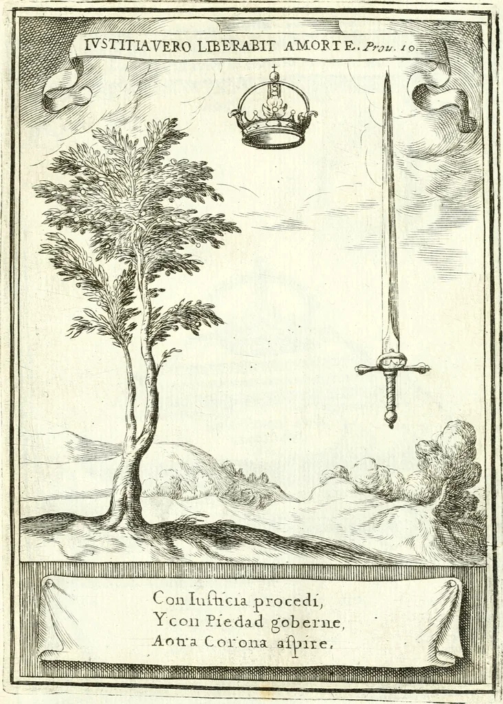 An illustration from Descripcion de las honras : que se hicieron ala Catholica Magd. de D. Phelippe quarto rey de las Españas y del nueuo mundo en el Real Conuento de la Encarnacion : que de horden de la reyna n[uest]ra señora como superintendente de las reales obras dispuso D. Baltasar Barroso de Ribera marques de Malpica ..., 1666, leaf 196