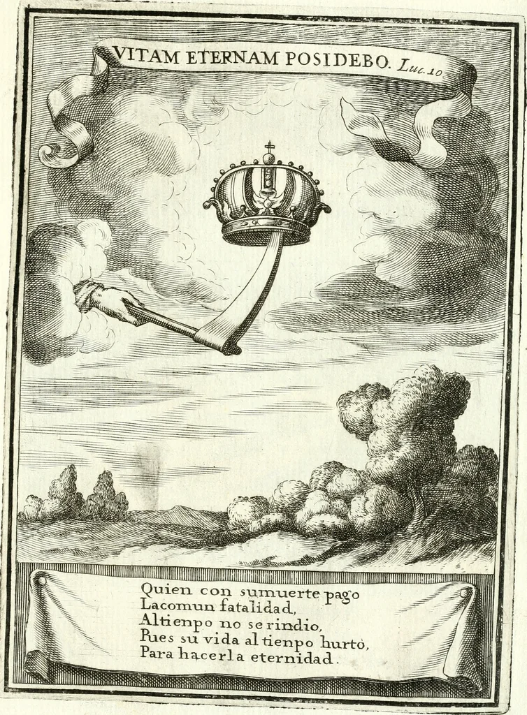 An illustration from Descripcion de las honras : que se hicieron ala Catholica Magd. de D. Phelippe quarto rey de las Españas y del nueuo mundo en el Real Conuento de la Encarnacion : que de horden de la reyna n[uest]ra señora como superintendente de las reales obras dispuso D. Baltasar Barroso de Ribera marques de Malpica ..., 1666, leaf 214