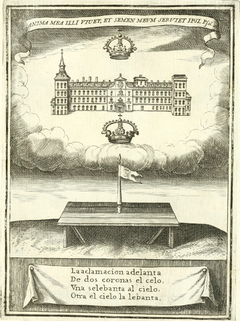 An illustration from Descripcion de las honras : que se hicieron ala Catholica Magd. de D. Phelippe quarto rey de las Españas y del nueuo mundo en el Real Conuento de la Encarnacion : que de horden de la reyna n[uest]ra señora como superintendente de las reales obras dispuso D. Baltasar Barroso de Ribera marques de Malpica ..., 1666, leaf 218
