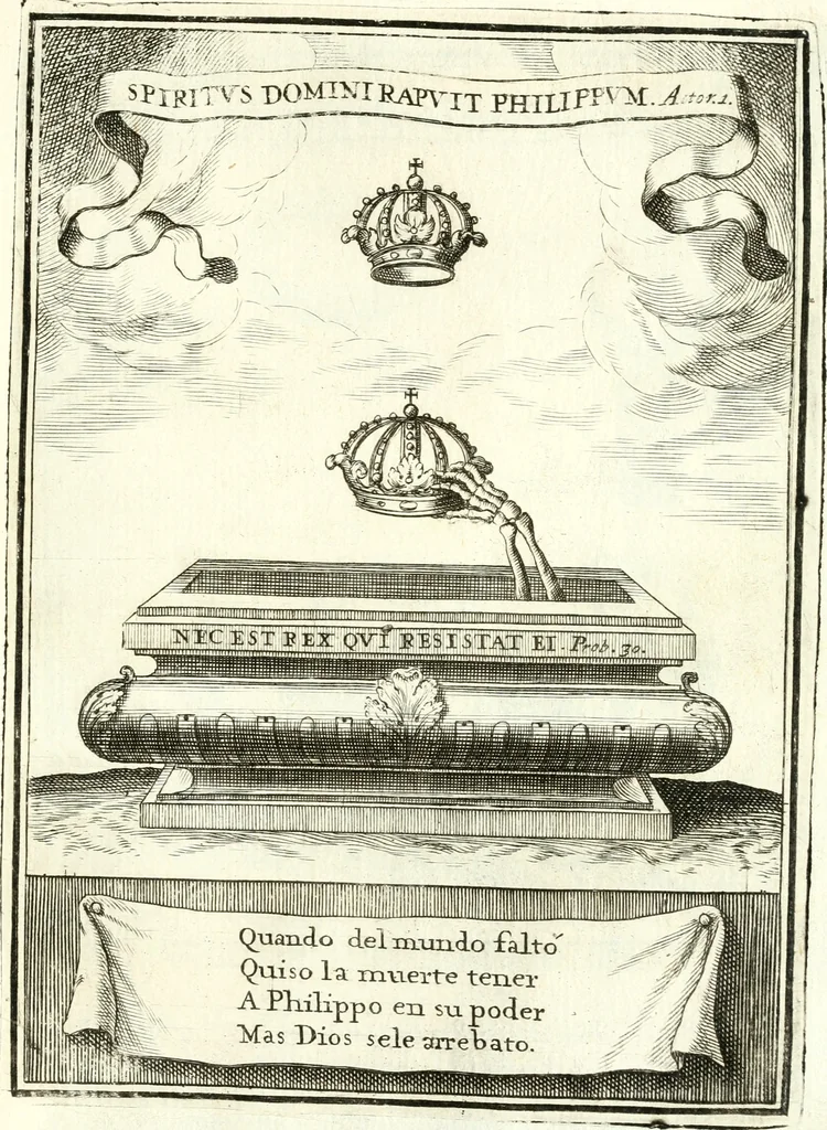 An illustration from Descripcion de las honras : que se hicieron ala Catholica Magd. de D. Phelippe quarto rey de las Españas y del nueuo mundo en el Real Conuento de la Encarnacion : que de horden de la reyna n[uest]ra señora como superintendente de las reales obras dispuso D. Baltasar Barroso de Ribera marques de Malpica ..., 1666, leaf 220