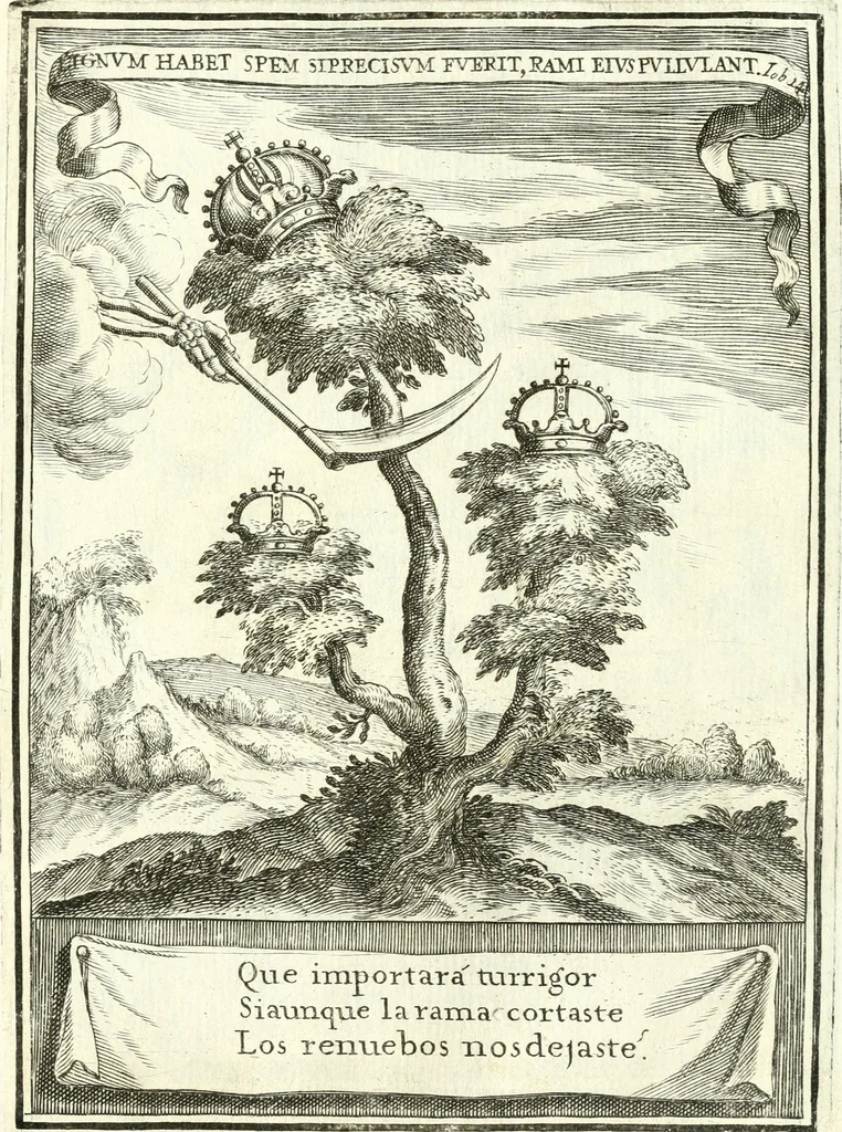 An illustration from Descripcion de las honras : que se hicieron ala Catholica Magd. de D. Phelippe quarto rey de las Españas y del nueuo mundo en el Real Conuento de la Encarnacion : que de horden de la reyna n[uest]ra señora como superintendente de las reales obras dispuso D. Baltasar Barroso de Ribera marques de Malpica ..., 1666, leaf 230