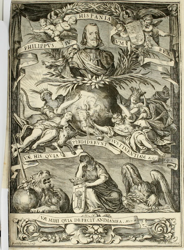An illustration from Descripcion de las honras : que se hicieron ala Catholica Magd. de D. Phelippe quarto rey de las Españas y del nueuo mundo en el Real Conuento de la Encarnacion : que de horden de la reyna n[uest]ra señora como superintendente de las reales obras dispuso D. Baltasar Barroso de Ribera marques de Malpica ..., 1666, leaf 31