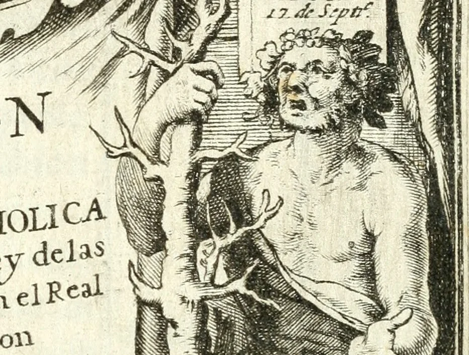 An illustration from Descripcion de las honras : que se hicieron ala Catholica Magd. de D. Phelippe quarto rey de las Españas y del nueuo mundo en el Real Conuento de la Encarnacion : que de horden de la reyna n[uest]ra señora como superintendente de las reales obras dispuso D. Baltasar Barroso de Ribera marques de Malpica ..., 1666, leaf 8