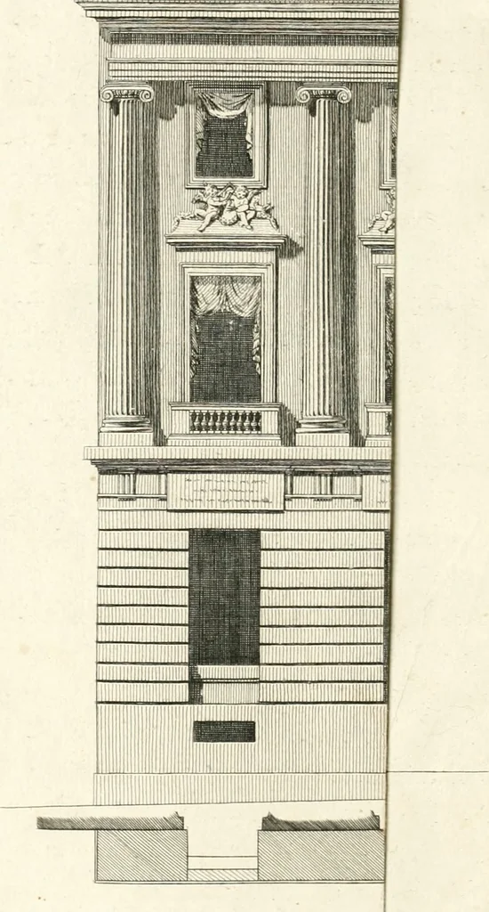 An illustration from Descripcion de los ornatos públicos con que la corte de Madrid ha solemnizado la feliz exâltacion al trono de los reyes nuestros señores don Carlos IIII. y doña Luisa de Borbon, y la jura del serenisimo señor don Fernando, principe de Asturias, 1789, leaf 19