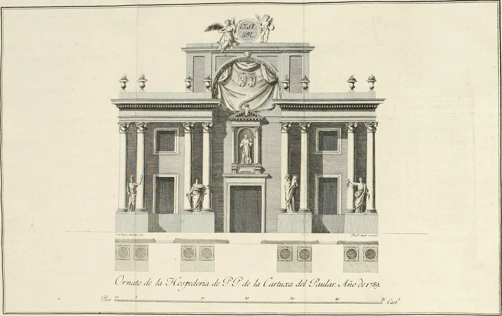 An illustration from Descripcion de los ornatos públicos con que la corte de Madrid ha solemnizado la feliz exâltacion al trono de los reyes nuestros señores don Carlos IIII. y doña Luisa de Borbon, y la jura del serenisimo señor don Fernando, principe de Asturias, 1789, leaf 28