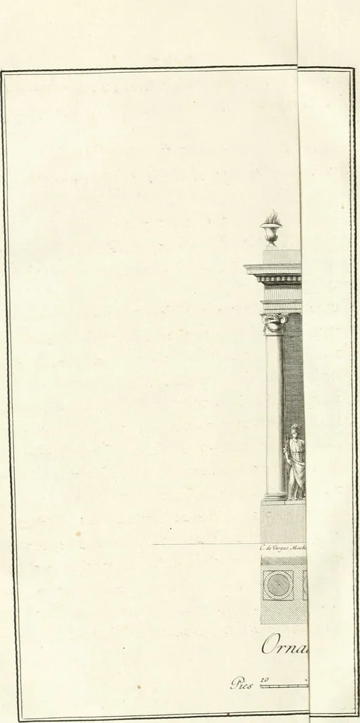 An illustration from Descripcion de los ornatos públicos con que la corte de Madrid ha solemnizado la feliz exâltacion al trono de los reyes nuestros señores don Carlos IIII. y doña Luisa de Borbon, y la jura del serenisimo señor don Fernando, principe de Asturias, 1789, leaf 29