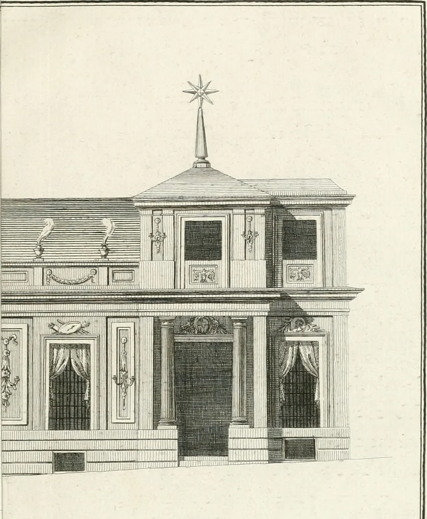 An illustration from Descripcion de los ornatos públicos con que la corte de Madrid ha solemnizado la feliz exâltacion al trono de los reyes nuestros señores don Carlos IIII. y doña Luisa de Borbon, y la jura del serenisimo señor don Fernando, principe de Asturias, 1789, leaf 32