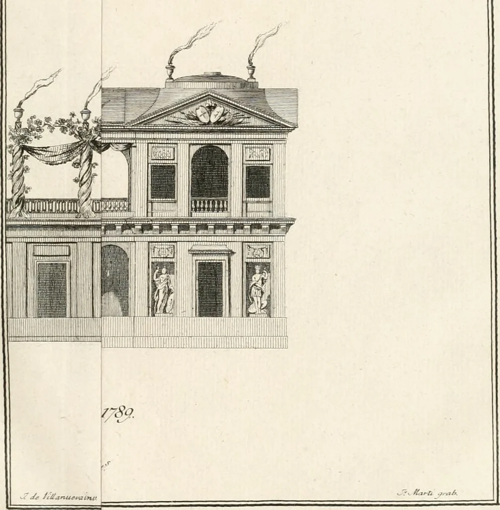 An illustration from Descripcion de los ornatos públicos con que la corte de Madrid ha solemnizado la feliz exâltacion al trono de los reyes nuestros señores don Carlos IIII. y doña Luisa de Borbon, y la jura del serenisimo señor don Fernando, principe de Asturias, 1789, leaf 42