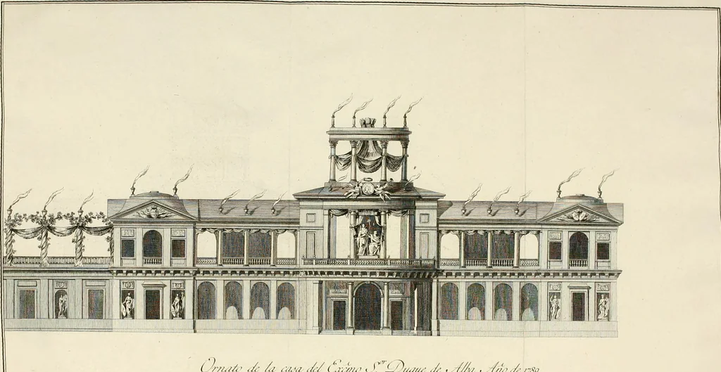 An illustration from Descripcion de los ornatos públicos con que la corte de Madrid ha solemnizado la feliz exâltacion al trono de los reyes nuestros señores don Carlos IIII. y doña Luisa de Borbon, y la jura del serenisimo señor don Fernando, principe de Asturias, 1789, leaf 43