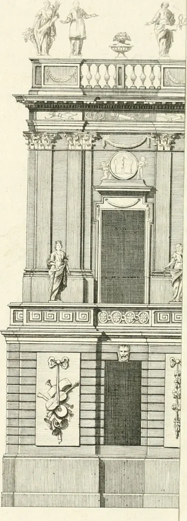 An illustration from Descripcion de los ornatos públicos con que la corte de Madrid ha solemnizado la feliz exâltacion al trono de los reyes nuestros señores don Carlos IIII. y doña Luisa de Borbon, y la jura del serenisimo señor don Fernando, principe de Asturias, 1789, leaf 51
