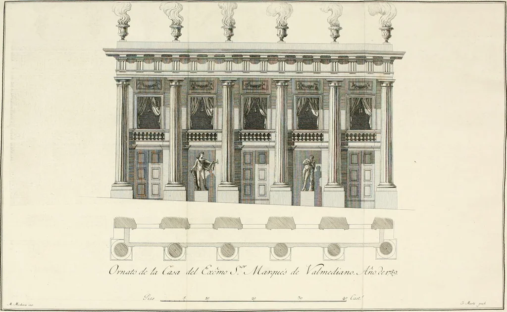 An illustration from Descripcion de los ornatos públicos con que la corte de Madrid ha solemnizado la feliz exâltacion al trono de los reyes nuestros señores don Carlos IIII. y doña Luisa de Borbon, y la jura del serenisimo señor don Fernando, principe de Asturias, 1789, leaf 67