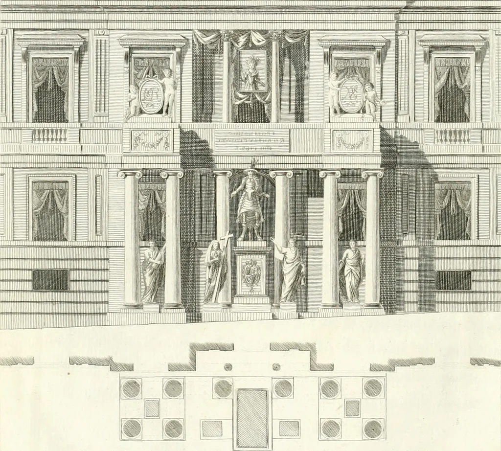 An illustration from Descripcion de los ornatos públicos con que la corte de Madrid ha solemnizado la feliz exâltacion al trono de los reyes nuestros señores don Carlos IIII. y doña Luisa de Borbon, y la jura del serenisimo señor don Fernando, principe de Asturias, 1789, leaf 73