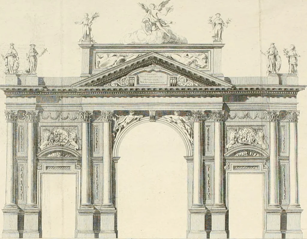An illustration from Descripcion de los ornatos públicos con que la corte de Madrid ha solemnizado la feliz exâltacion al trono de los reyes nuestros señores don Carlos IIII. y doña Luisa de Borbon, y la jura del serenisimo señor don Fernando, principe de Asturias, 1789, leaf 77