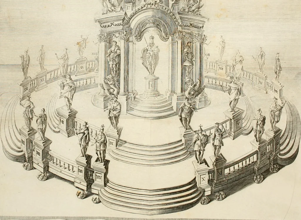 An illustration from Descripcion del real monasterio de San Lorenzo del Escorial : su magnifico templo, panteon, y palacio : compendiada de la descripcion antigua, y exornada con nuevas vistosas láminas de su planta y montéa : aumentada con la noticia de varias grandezas y alhajas con que han ilustrado los católicos reyes aquel maravilloso edificio, y coronada con un tratado apendice de los insignes profesores de las bellas artes estatuaria, arquitectura, y pintura, que concurrieron á su fundacion, y despues le han enriquecido con sus obras, 1764, leaf 238