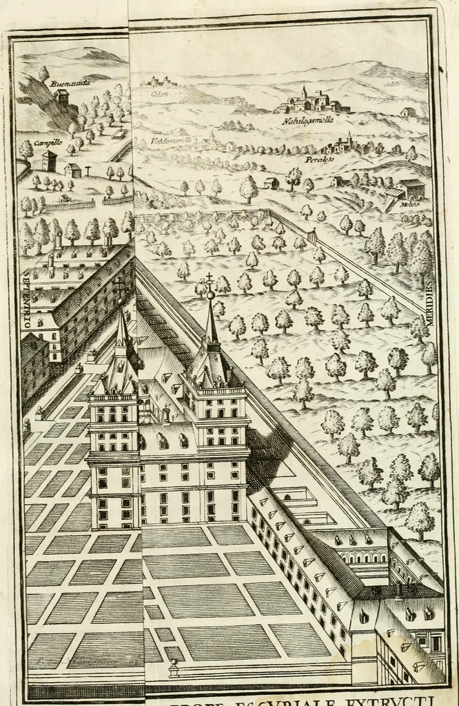 An illustration from Descripcion del real monasterio de San Lorenzo del Escorial : su magnifico templo, panteon, y palacio : compendiada de la descripcion antigua, y exornada con nuevas vistosas láminas de su planta y montéa : aumentada con la noticia de varias grandezas y alhajas con que han ilustrado los católicos reyes aquel maravilloso edificio, y coronada con un tratado apendice de los insignes profesores de las bellas artes estatuaria, arquitectura, y pintura, que concurrieron á su fundacion, y despues le han enriquecido con sus obras, 1764, leaf 24