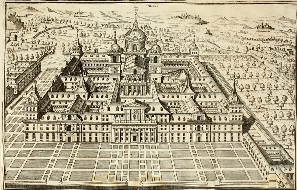 An illustration from Descripcion del real monasterio de San Lorenzo del Escorial : su magnifico templo, panteon, y palacio : compendiada de la descripcion antigua, y exornada con nuevas vistosas láminas de su planta y montéa : aumentada con la noticia de varias grandezas y alhajas con que han ilustrado los católicos reyes aquel maravilloso edificio, y coronada con un tratado apendice de los insignes profesores de las bellas artes estatuaria, arquitectura, y pintura, que concurrieron á su fundacion, y despues le han enriquecido con sus obras, 1764, leaf 25