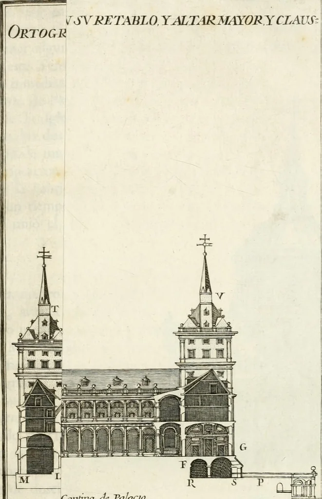 An illustration from Descripcion del real monasterio de San Lorenzo del Escorial : su magnifico templo, panteon, y palacio : compendiada de la descripcion antigua, y exornada con nuevas vistosas láminas de su planta y montéa : aumentada con la noticia de varias grandezas y alhajas con que han ilustrado los católicos reyes aquel maravilloso edificio, y coronada con un tratado apendice de los insignes profesores de las bellas artes estatuaria, arquitectura, y pintura, que concurrieron á su fundacion, y despues le han enriquecido con sus obras, 1764, leaf 250